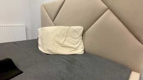 Video of a minimalist bedroom with a beige, quilted headboard and a grey carpet. A white pillow is slightly askew on a black bedspread. The room has a white radiator and a plain white wall.