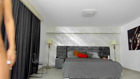 Video of a modern bedroom with a grey upholstered bed, grey bedding, and a marble-patterned accent wall. Two silver lamps flank the bed. A black curtain covers the left side, and a partially visible person stands on the left.