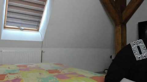 A video of a sloped ceiling attic bedroom with a skylight, wooden beams, and a colorful patterned quilt. The room is sparsely furnished, with a black and white geometric-patterned pillow visible on the right.