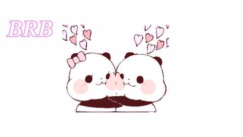 A digital drawing of two cute, anthropomorphic pandas with pink hearts above their heads, kissing. They have pink cheeks and are wearing pink bows. The background is white, with \"BBR\" in pink text.