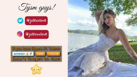Video of a young woman in a white floral dress, posing by a lake, with social media icons and text overlay.