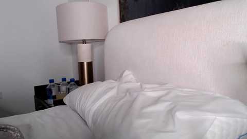 Video of a neatly made bed with white sheets, a white pillow, and a small nightstand with a beige lampshade and two water bottles.