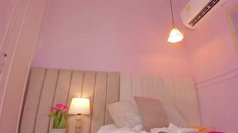 Video of a cozy, pink-themed bedroom with a light wood headboard, white walls, an air conditioning unit, and a bedside table with a lamp and pink flowers.