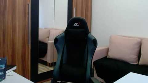 Video of a modern living room featuring a black gaming chair with a black headrest and the Razer logo, facing a mirrored wardrobe with wooden doors. There's a beige sofa with two cushions and a dark green blanket on the floor.