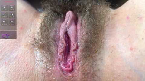 Close-up video of a Caucasian woman's vulva with natural pubic hair, pink labia minora, and light skin tone. Background shows a blurred, light-colored surface.