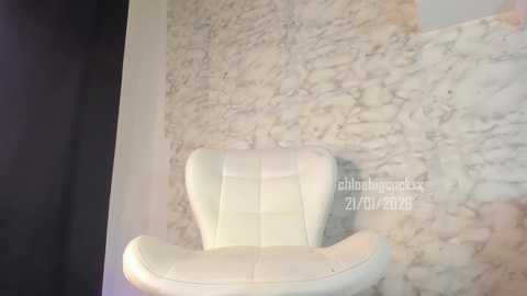 Video of a modern, white leather armchair against a marble-patterned wall, featuring a mix of grey, beige, and white tones. The chair has a sleek, curved design with padded cushions.