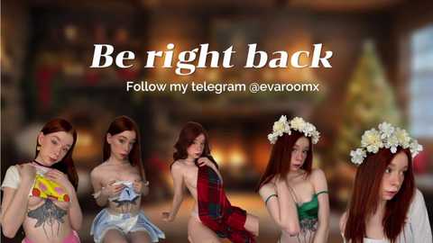 Video of five women with long red hair in various revealing, ethereal outfits, set against a blurred, warm-toned background. Text reads: \"Be right back,\" \"Follow my telegram @yevroomxx.\