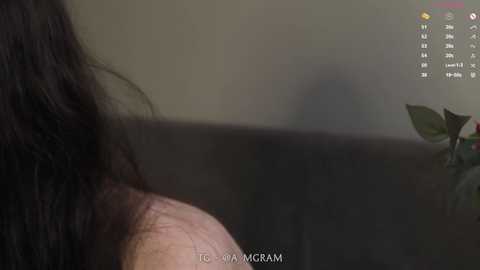 Video of a person's shoulder, partially visible face, and neck. Background features a calendar with 31 days marked, blurred out. Text at the bottom reads, \"To Viva McGram.\