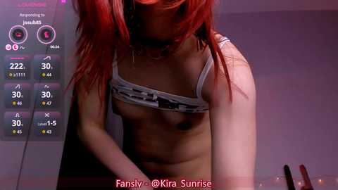 Video of a topless, fair-skinned woman with red hair, wearing a white bandeau top, in a dimly-lit room, with a digital clock display showing 2:30 AM, 30\u00b0C, and fan speed.