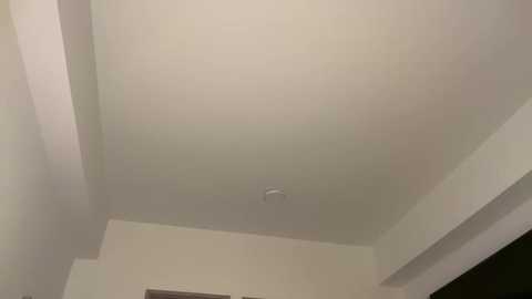 A video of a simple, off-white ceiling with a small, round ceiling light centered. The walls are painted a light beige, with clean lines and no visible decorations. The image is clear and well-lit.