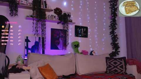 Video of a cozy, dimly-lit room with a plush white sofa, plush toys, purple fairy lights, and a Minecraft-themed poster, with a Minecraft-themed video game character in the top right.
