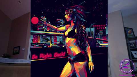 A vibrant, neon-lit digital art piece of a woman with dreadlocks, horns, and a muscular physique, wearing a black bikini, stands against a futuristic cityscape.