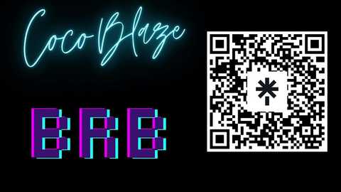 Video of a neon sign reading \"CocoBlaze\" in turquoise letters on a black background, next to a QR code featuring a white cross symbol.