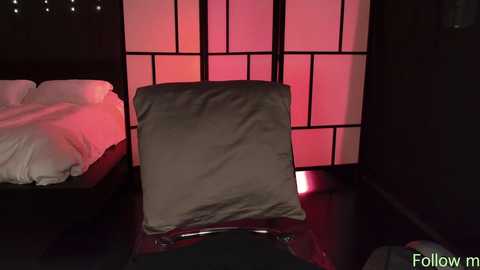 Video of a dimly lit, minimalist bedroom with a black futon, white pillows, and a dark wooden floor. A large, rectangular, gray cushion sits prominently in the foreground, with a soft red glow from a partition in the background.