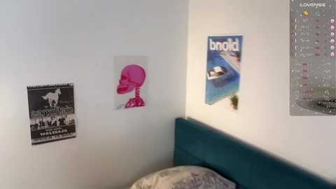 Video of a corner of a room featuring a teal headboard, a pink skull poster, a \"bold\" magazine, and a decorative map with a magnifying glass.