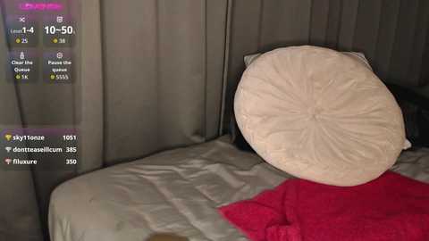 Video of a dimly lit bedroom with a gray bedspread, a large beige pillow, and a red blanket. Virtual reality overlay shows user's head, indicating a VR experience.