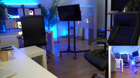 Media: Video of a modern, dimly-lit office with a black leather chair, a white desk, a monitor, and potted plants; two inset images show a similar setup with additional furniture.
