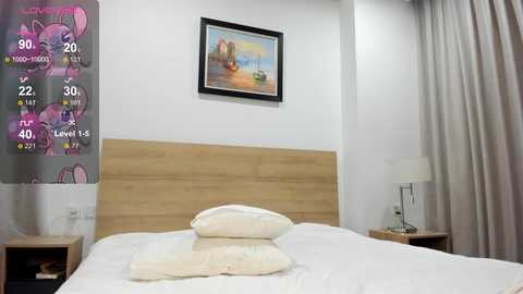 Video of a modern, minimalist bedroom with a light wood headboard, white bedding, framed artwork, beige curtains, and a digital overlay showing social media notifications.