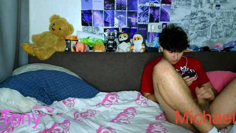 Media: Video of a young man with curly hair in a red shirt, playing a video game on a bed with a pink dinosaur-patterned duvet, surrounded by plush toys and a colorful wall backdrop.