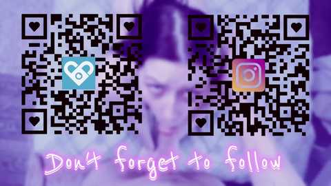 Media: A digital image featuring a blurred, purple-tinted video of a person's face, overlaid with a QR code and text: \"Don't forget to follow!\