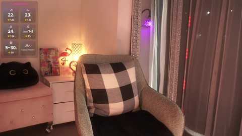 Video of a cozy, dimly lit bedroom with a checkered pillow on a green armchair, a black cat plush toy on a white dresser, a colorful lamp, and a window with sheer curtains.