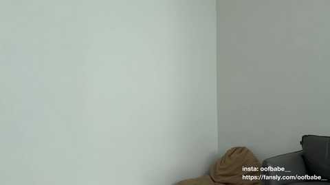 A minimalist corner of a room featuring a light gray wall, a brown pillow, and a dark gray couch, with a watermark \"inflatobabe.com\" in the bottom right.