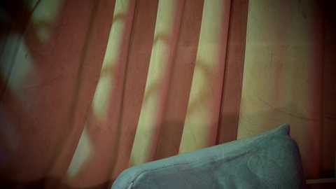 Media: Video of a room with soft, vertically pleated beige curtains partially drawn, allowing sunlight to cast a warm, hazy glow. In the foreground, a light blue cushion rests on a soft, textured surface.