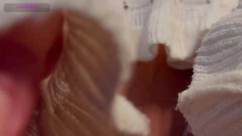 Media: A blurry, close-up video of a woman's chest in a white lace bra, with a soft, textured sweater draped over her shoulders. The background is out of focus.