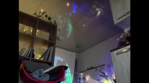 A video of a cozy kitchen with wooden cabinets, a red chair, and a glass-front bookshelf adorned with plants and jars. A colorful, abstract reflection on the ceiling adds a whimsical touch.