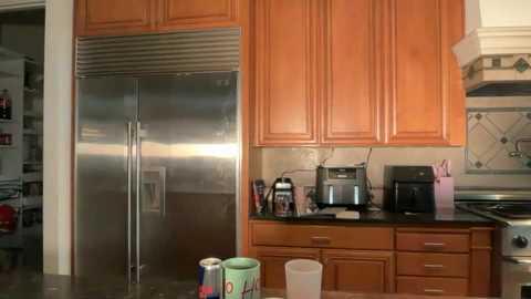 Video of a modern kitchen with stainless steel appliances, including a large double-door refrigerator, and wooden cabinets in a warm tone. Counter space features a coffee maker, microwave, and utensils. The background includes a stove and backsplash tiles.