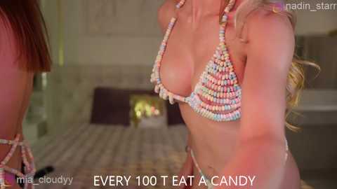 Video of a blonde woman in a colorful, sequined bikini top, with a blurred background showing a fireplace. Text reads \"Every 100 Eats a Candy.\