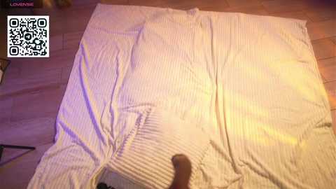 A video of a white, wrinkled bedsheet on a wooden floor, with a hand in the foreground holding a cellphone. The image is overlaid with a QR code and \"LovingYou\" text.
