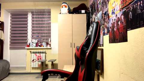 Video of a cluttered, brightly-lit bedroom with a red and black gaming chair, beige wardrobe, purple blinds, posters, and cat bed, featuring a plush toy on top.
