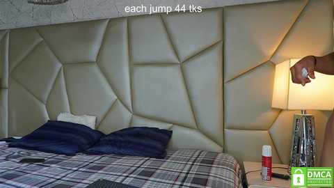 Video of a modern bedroom with a beige, geometrically patterned headboard, dark blue pillows, plaid bedspread, a bedside lamp, and a hand reaching out from the right.
