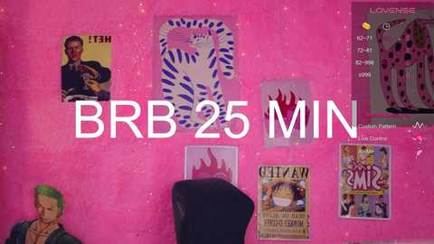 A digitally rendered photo of a pink wall with six posters and a black chair, text reads \"BB 25 MIN\" in white.
