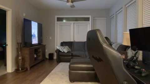 Video of a cozy living room with a large flat-screen TV on a wooden stand, dark leather couches, gaming console, and a ceiling fan.