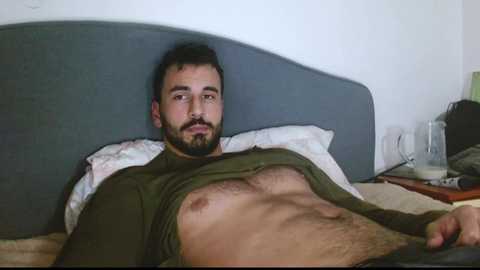 Video of a bearded man in a green sweater, lying on a bed with a gray headboard, showing his hairy chest and abs. The background includes a glass, a lamp, and a white wall.