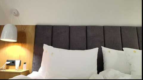 A video of a modern hotel room with a grey upholstered headboard, white pillows, a wooden nightstand with a lamp, and a small white desk lamp.