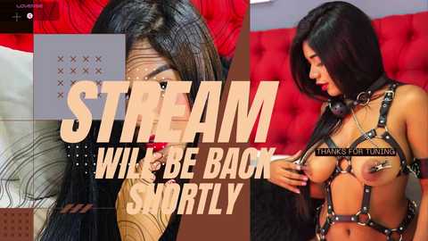 Video of a dark-haired woman in BDSM attire, wearing a leather harness, holding a glass, with \"STREAM WILL BE BACK SHORTLY\" text overlay.