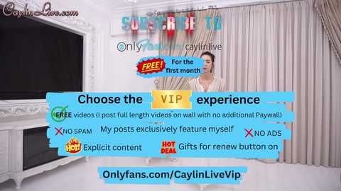 A promotional graphic for OnlyFans, featuring a young woman with light skin and short hair, standing in a luxurious room with beige curtains and a white fireplace. Text overlays offer VIP access and free videos.