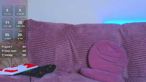 Video of a cozy living room with a pink, ribbed couch, a plush pink throw pillow, and a festive red and white Santa hat on the left side. A virtual game interface is overlaid, showing stats and character icons.