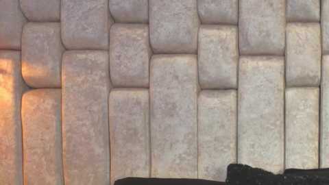 Video of a modern, padded, light gray upholstered wall with a textured, quilted design, featuring a warm, golden light from the left side, possibly from a nearby lamp.