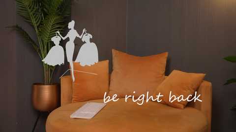 Video of a modern living room with a mustard-colored sofa, two plush pillows, a potted plant, and a white book on a side table, against a dark gray wall. Text reads, \"be right back.\