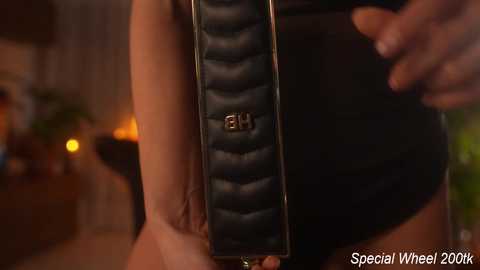 A close-up video shows a woman's torso in a tight, black leather outfit, with a prominent, textured black belt and a hand resting on her waist. The background is blurred, featuring a dimly lit room with a fireplace.