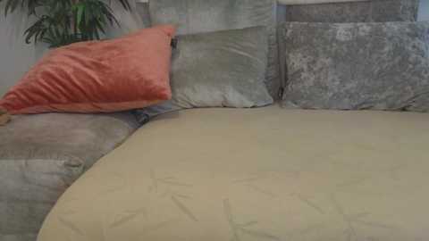 Video of a neatly made bed with beige sheets, a soft gray headboard, a plush orange pillow, and a textured gray throw pillow.