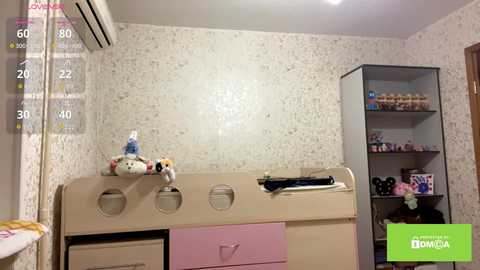 Video of a small, well-lit room with beige wallpaper, a white desk, pink drawers, and a green bookshelf. A stuffed toy rabbit sits on the desk.