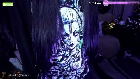 A detailed, digitally rendered portrait of a pale, gothic woman with a tattooed face, intricate hair, and dark makeup. The background features a dark, cluttered room with gaming equipment.