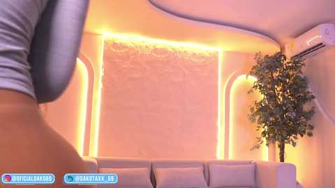 Video of a modern, dimly lit living room with a beige couch, decorative wall sconces, a large fake plant, and an air conditioner.