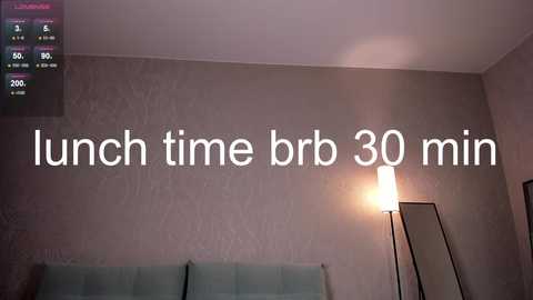 A video of a minimalist room with a beige wall, a light green sofa, a tall lamp, and a digital clock showing \"lunch time, 30 min\" in white text.