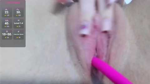 A blurred, close-up video shows a woman's vulva being stimulated by a pink vibrator. A digital fitness tracker display on the left shows steps, heart rate, and time.